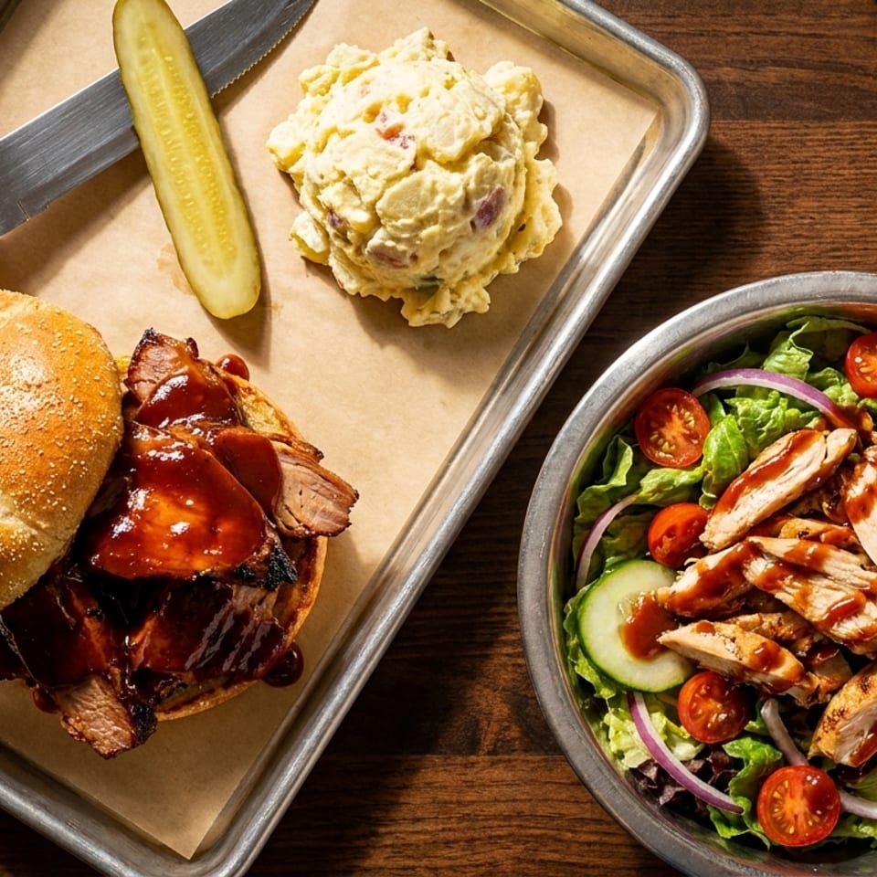 BBQ brisket sandwich with potato salad and pickle, alongside a chicken salad with dressing.
