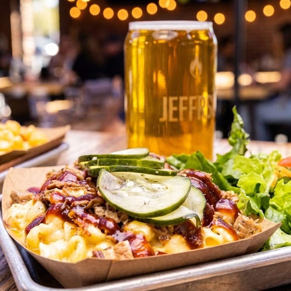 Mac and cheese with pulled pork, pickles, and a side salad, with a Jeffreys beer in the background.