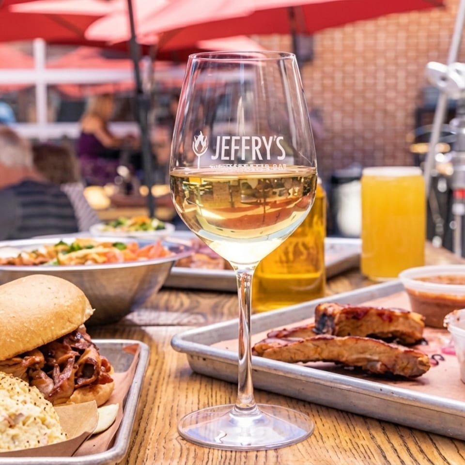 Jeffrey's white wine, BBQ ribs, and sandwiches on an outdoor patio with people dining.
