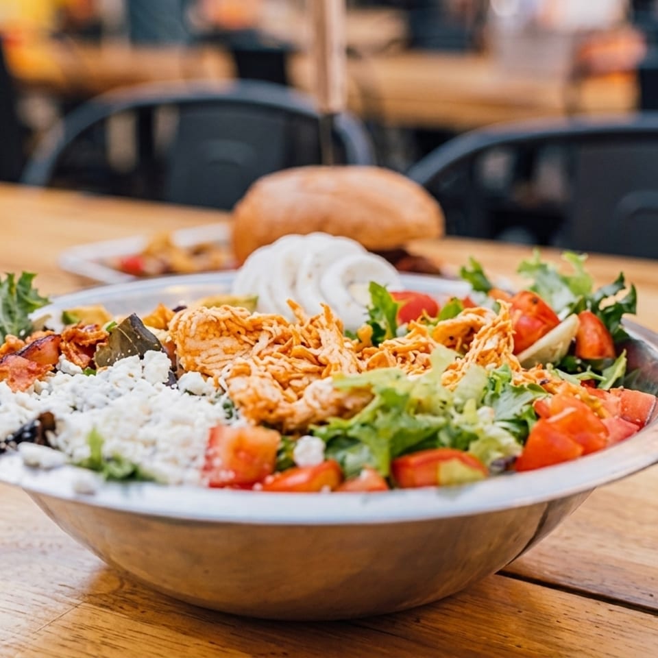 A large salad with chicken, lettuce, tomatoes, and feta cheese in a metal bowl on a wooden table.
