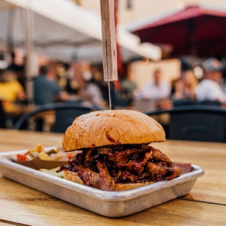 A large pulled pork sandwich with a knife on a metal tray, with blurred diners in the background.