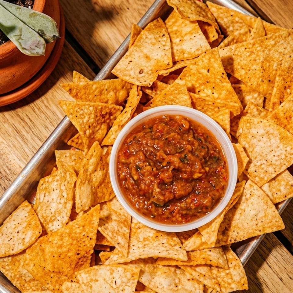 A metal tray of crispy tortilla chips with a small white bowl of salsa on a wooden table.
